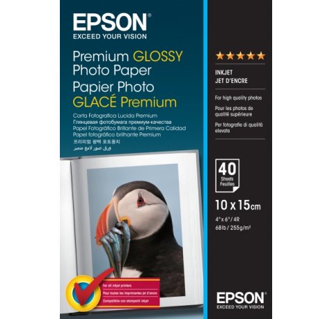 Epson Premium Glossy Photo Pack de 40 Hojas de Papel Fotografico - 10x15cm - Gramaje de 255g/m2 - Acabado Brillante - Compatible con Impresoras Inkjet - Color Blanco