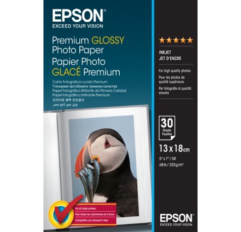 Epson Premium Glossy Photo Pack de 30 Hojas de Papel Fotografico - 13x18cm - Gramaje de 255g/m2 - Acabado Brillante - Compatible con Impresoras Inkjet - Color Blanco