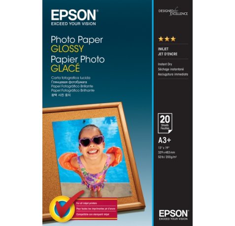 Epson Photo Glossy Pack de 20 Hojas de Papel Fotografico - A3+ - Gramaje de 200g/m2 - Acabado Brillante - Compatible con Impresoras Inkjet - Color Blanco
