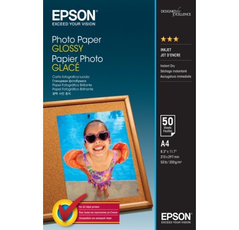 Epson Photo Glossy Pack de 50 Hojas de Papel Fotografico - A4 - Gramaje de 200g/m2 - Acabado Brillante - Compatible con Impresoras Inkjet - Color Blanco