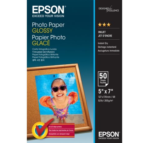 Epson Photo Glossy Pack de 50 Hojas de Papel Fotografico - 13x18cm - Gramaje de 200g/m2 - Acabado Brillante - Compatible con Impresoras Inkjet - Color Blanco