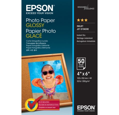 Epson Photo Glossy Pack de 50 Hojas de Papel Fotografico - 10x15cm - Gramaje de 200g/m2 - Acabado Brillante - Compatible con Impresoras Inkjet - Color Blanco