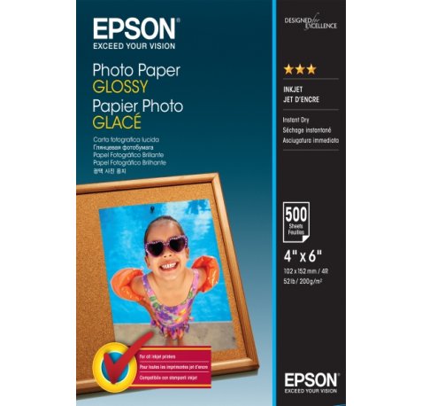 Epson Photo Glossy Pack de 500 Hojas de Papel Fotografico - 10x15cm - Gramaje de 200g/m2 - Acabado Brillante - Compatible con Impresoras Inkjet - Color Blanco