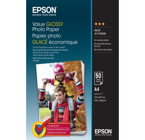 Epson Value Glossy Photo Pack de 50 Hojas de Papel Fotografico - A4 - Gramaje de 183g/m2 - Acabado Brillante - Compatible con Impresoras Inkjet - Color Blanco