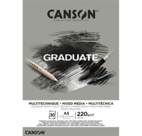 Canson Graduate Mix Media Bloc Encolado de 30 Hojas A5 - 220g - Grano Fino - Color Gris