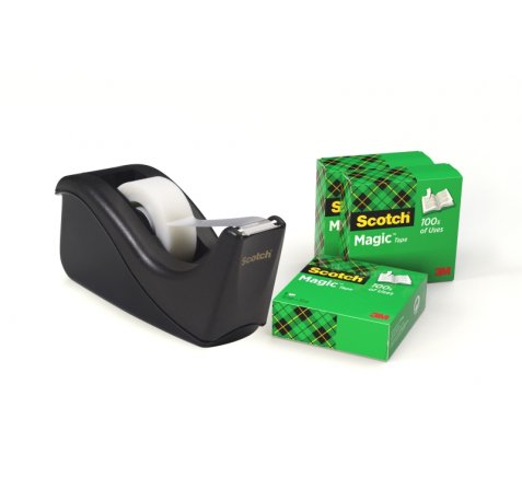 Scotch Pack de Dispensador de Cinta Adhesiva + 4 Cintas Adhesivas Scotch Magic - Para Cintas de hasta 19mm x 33m - Color Negro