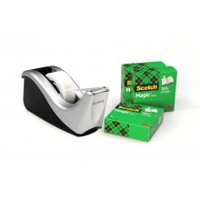 Scotch Magic Dispensador de Cinta Adhesiva - Para Cintas de hasta 19mm x 33m - Incluye 4 Cintas Adhesivas - Color Negro/Plata