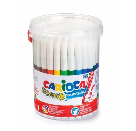 Carioca Bravo Pack de 60 Rotuladores - Cuerpo Octogonal Maxi - Tinta Superlavable - Punta Maxi 6mm Bloqueada - Tapa Ventilada - Color Varios