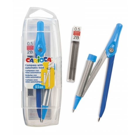 Carioca Pack de Bolsillo Compass 0.5mm + Recarga - Compas Ajustable con Portaminas - Kit de Carga Mina HB 0.5 - Descenso de la Mina por Clic - Color Varios