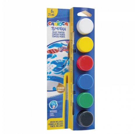 Carioca Pack de 6 Temperas en Botes - 25 ml - Pincel Incluido - Superlavables - Mezclable - Colores Surtidos