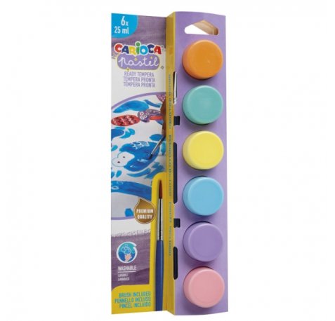 Carioca Pastel Pack de 6 Temperas en Botes de 25ml + Pincel - Superlavables - Mezclables - Colores Pastel Surtidos