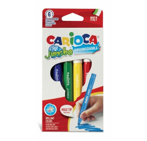 Carioca Pack de 6 Rotuladores Jumbo - Cuerpo Octogonal Maxi - Tinta Superlavable - Punta Maxi 6mm Bloqueada - Tapa Ventilada - Color Varios