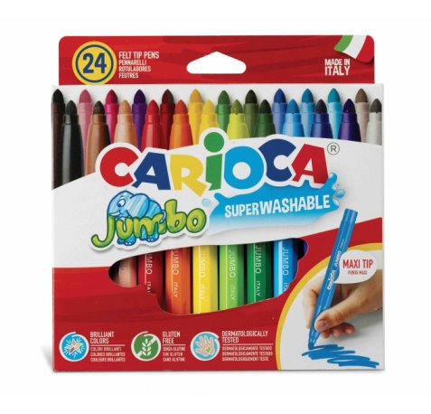 Carioca Jumbo Pack de 24 Rotuladores - Cuerpo Octogonal Maxi - Tinta Superlavable - Punta Maxi 6mm Bloqueada - Tapa Ventilada - Color Varios