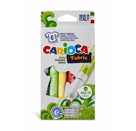 Carioca Fabric Pack de 6 Rotuladores para Tejidos - Punta Maxi Ø 6mm - Tinta Especial para Tejidos - Colores Indelebles Tras Aplicacion - Mayor Duracion y Brillo al Planchar Reverso - Color Varios