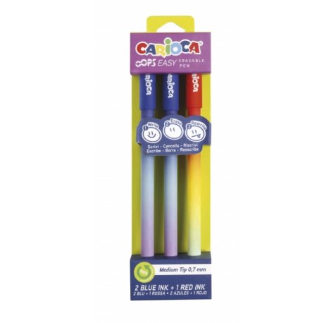 Carioca Oops Easy Pack de 3 Boligrafos Borrables - Tinta Termo Sensible - Cuerpo con Efecto Degradado - Punta de Ø 0.7mm - Doble Goma - Color Varios