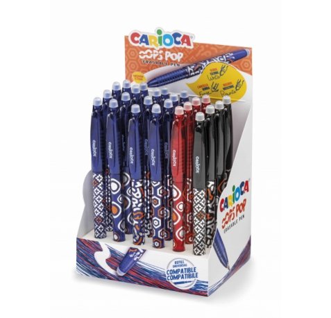 Carioca Oops Expositor de 24 Boligrafos Borrables - Termo Sensible - Empuñadura Texturizada - Punta de Ø 0.7mm - Doble Goma - Recambios Compatibles - Color Varios