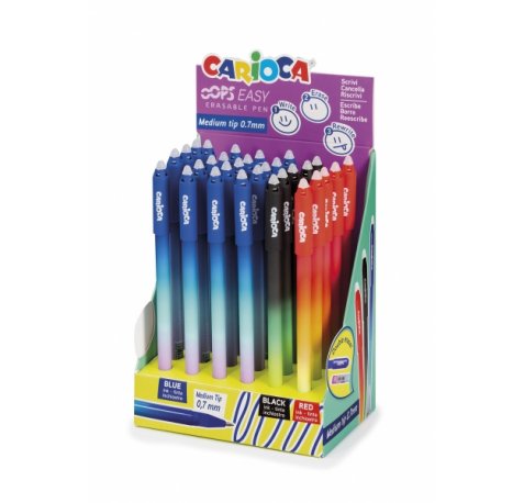 Carioca Oops Easy Expositor de 30 Boligrafos Borrables - Tinta Termo Sensible - Cuerpo con Efecto Degradado - Punta de 0.7mm - Doble Goma - Color Varios