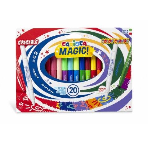 Carioca Magic Markers Pack de 20 Rotuladores Magicos - Tinta Magica Cambia de Color - Incluye Rotulador Magink para Cambiar o Borrar Colores - Punta Maxi Bloqueada con Tapa Ventilada - Color Varios