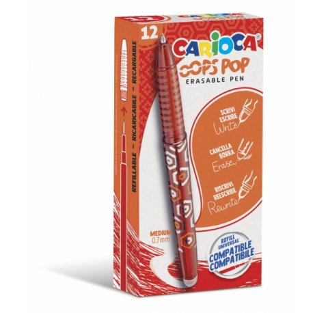 Carioca Oops Boligrafos Borrables - Tinta Termo Sensible - Empuñadura Texturizada - Punta de 0.7mm - Doble Goma - Recambios Compatibles - Color Rojo (12 uds)