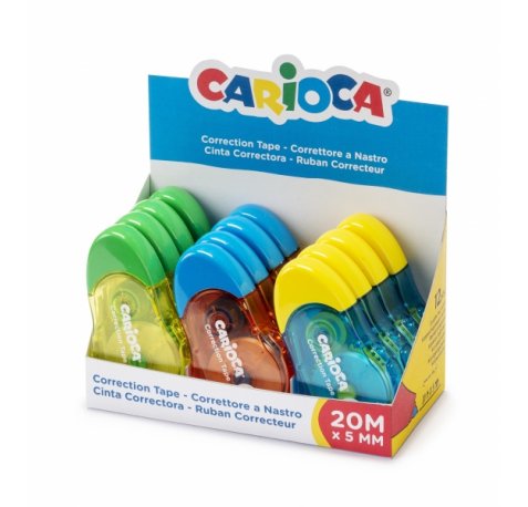 Carioca Tape Expositor de 12 Correctores de Cinta - 20mx5mm - Cubriente - Se Puede Volver a Escribir Enseguida - Ideal para Cualquier Tipo de Papel - Color Varios