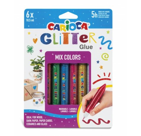 Carioca Glitter Glue Multiglitter Blister de 6 Tubitos de Cola de Color - para Decorar con Efecto Glitter - Se Aplica Directamente sobre la Superficie - Seca en 30 Minutos - Color Varios