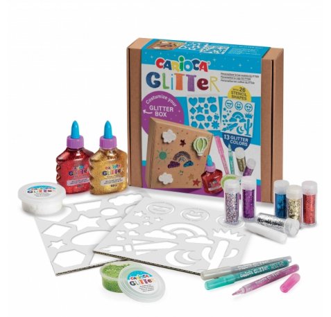 Carioca Glitter Creator Pack de 13 Productos Glitter y 26 Plantillas - 2 Botellitas de Glitter Glue - 2 Botes de Pasta de Modelar Elastica Glitter Clay - 3 Rotuladores Glitter - 6 Purpurinas Glitter Dust - Color Varios