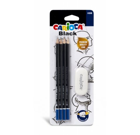 Carioca Blister de 4 Lapices de Grafito Black HB + Goma - Faciles de Borrar y Sacar Punta - Cuerpo Triangular Agradable al Tacto - Mina Resistente a Caidas - Color Negro