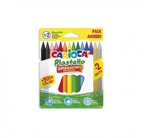 Carioca Plastello Pack de 12+2 Plasticeras  - Extra Limpias - No Dejan Color en las Manos - Faciles de Afilar - Colores Surtidos Brillantes y Lavables