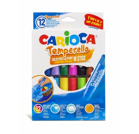 Carioca Temperello Pack de 12 Temperas Solidas - Colores Brillantes y Lavables - Gran Cobertura - Faciles de Mezclar - sin Disolventes - Acabado Satinado - Color Varios