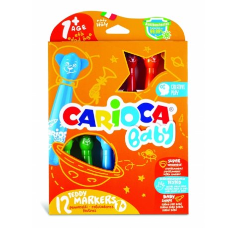 Carioca Baby Teddy Pack de 12 Rotuladores - Super Seguros - Forma Ergonomica - Tinta Superlavable - Dermatologicamente Testados - Color Varios