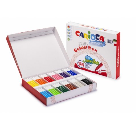 Carioca Jumbo School Box Pack de 144 Rotuladores - Cuerpo Octogonal Maxi - Tinta Superlavable - Punta Maxi 6mm Bloqueada - Tapa Ventilada - Color Varios
