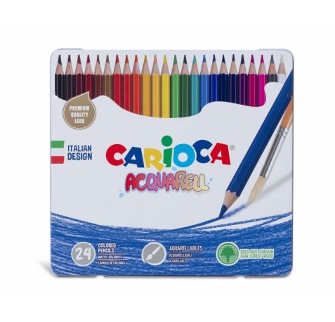 Carioca Acquarell Pack de 24 Lapices Acuarelables - Caja de Metal - Efecto Acuarela con Agua y Pincel - Colores Intensos y Brillantes - Escritura Blanda - Mina de Ø 3.3mm - Color Varios