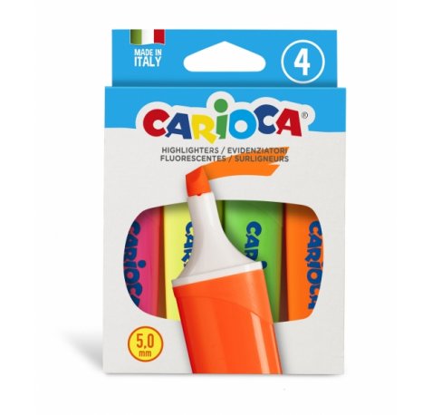 Carioca Memolight Pack de 4 Subrayadores - Punta Biselada de 5mm - Colores Brillantes y Lavables - Tinta a Base de Agua - Color Varios