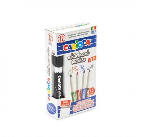Carioca Rotulador para Pizarra Blanca Clip - Tapa con Clip - Se Borra Facilmente - Se Seca Rapidamente - Punta de Ø 4.5mm - Color Negro (12 uds)