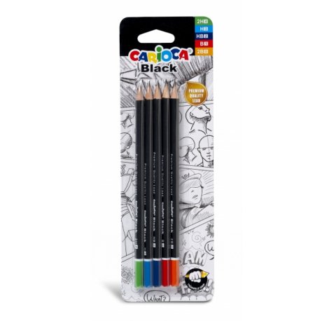Carioca Black Pack de 5 Lapices de Grafito - Faciles de Borrar y Sacar Punta - Cuerpo Triangular Agradable al Tacto - Mina Resistente a Caidas - Color Negro