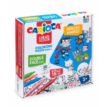 Carioca Coloring Puzzle Super Heroes & Market Pack de 35 Piezas a Doble Cara para Colorear - Incluye 12 Rotuladores Superlavables - Carton Duro y Encajes Precisos para Facil Montaje - Color Varios