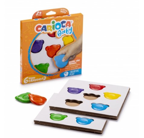 Carioca Teddy Crayons Pack de 6 Ceras de Colores - Certificadas a Partir de 12 Meses - Diseñadas para Entrenar el Agarre Digital - Color Varios