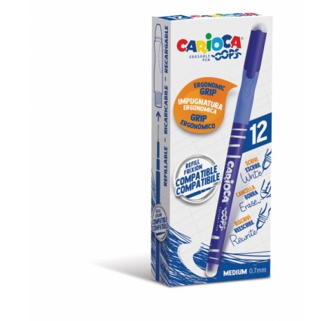 Carioca Oops Boligrafos Borrables - Termo Sensible - Empuñadura Ergonomica Triangular - Punta Ø 0.7mm - Doble Goma - Recambios Compatibles - Color Azul (12 uds)