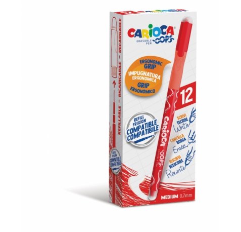 Carioca Oops Boligrafos Borrables - Tinta Roja Termo Sensible - Empuñadura Ergonomica Triangular - Punta de Ø 0.7mm - Doble Goma - Color Rojo (12 uds)