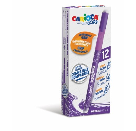Carioca Oops Boligrafos Borrables - Tinta Morada Termo Sensible - Empuñadura Ergonomica Triangular - Punta de Ø 0.7mm - Doble Goma - Color Morado (12 uds)