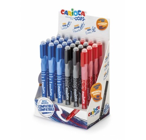 Carioca Oops Expositor de 24 Boligrafos Borrables - Tinta Termo Sensible - Empuñadura Ergonomica Triangular - Punta de Ø 0.7mm - Doble Goma - Recambios Compatibles - Color Varios