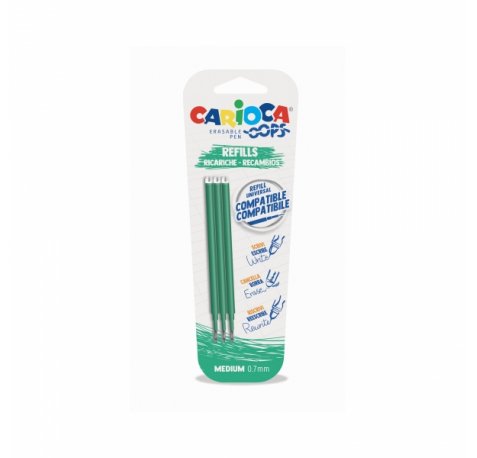 Carioca Oops Pack de 3 Recambios para Boligrafo Borrable - Tinta Termo Sensible - Punta de 0.7mm - Compatibles con Boligrafo Oops - Color Verde