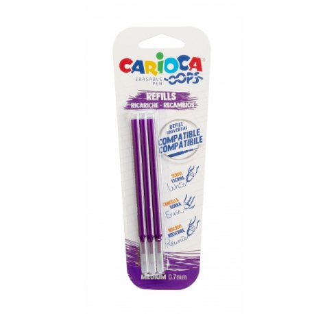 Carioca Oops Blister 3 Recambios para Boligrafo Borrable - Tinta Termo Sensible - Punta de 0.7mm - Recambios Compatibles - Color Morado