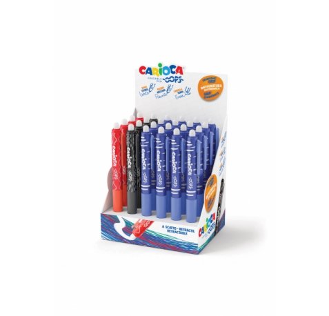 Carioca Oops Expositor de 24 Boligrafos Borrables Retractiles - Tinta Termo Sensible - Empuñadura Ergonomica Triangular - Punta de Ø 0.7mm - Doble Goma - Recambios Compatibles - Color Varios