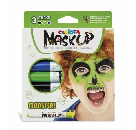 Carioca Mask Up Pack de 3 Colores para la Piel en Barra Monsters - Colores Brillantes - Lavables y Base Agua - Incluye Dos Tutoriales Paso a Paso - Color Varios