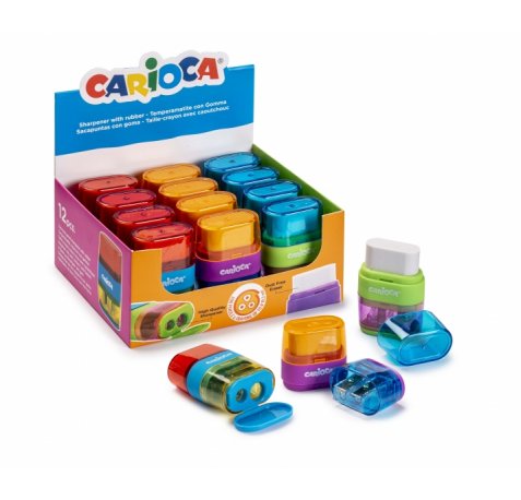 Carioca Afila-Borra Expositor de 12 Sacapuntas con Goma - Doble Agujero - Apto para Lapices y Ceras - Tornillo de Seguridad - Deposito para Virutas - Color Varios