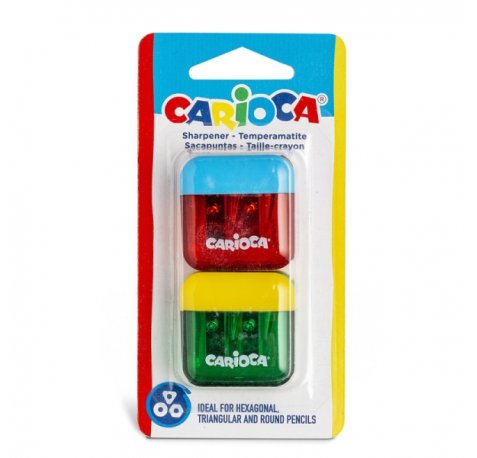 Carioca Pack de 2 Minisacapuntas de 2 Orificios con Deposito - Tapon de Seguridad en la Cuchilla - Colores Aleatorios Surtidos