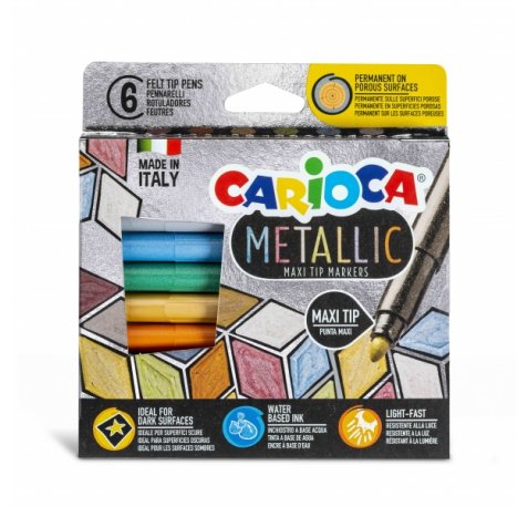 Carioca Metallic Maxi Pack de 6 Rotuladores - Punta Maxi Ø 6mm - Ideales para Superficies Oscuras - Colores Permanentes en Superficies Porosas - Color Varios