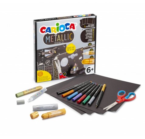 Carioca Metallic Pop Up Creator Juego para Realizar Super Cartulinas 3D - 8 Rotuladores Metalicos Punta Fina - 2 Temperello Oro y Plata - 2 Glitter Glue Oro y Plata - 1 Tijeras - 4 Cartulinas Negras - Color Varios