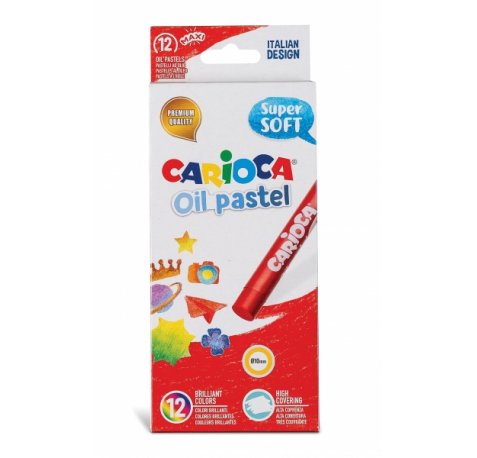 Carioca Pack de 12 Pasteles al Oleo - Colores Brillantes - Lavables - Resistentes a la Luz - Cubrientes - Faciles de Mezclar - Maxi Cuerpo Ø 10mm - Uso en Papel, Carton, Tela y Madera - Color Varios